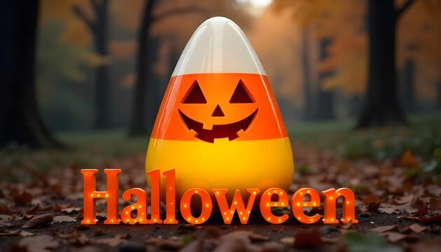 A jack-o'-lantern candy corn in a wooded autumn setting woth halloween text