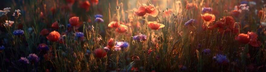 Fototapeta premium Golden light filters through a dreamy field of colorful wildflowers in a blurred, impressionistic style