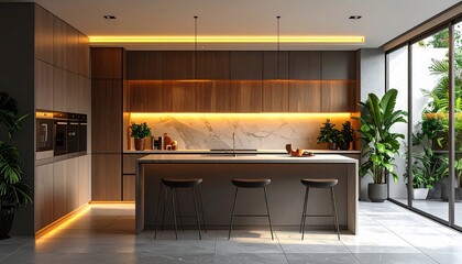 Modern Kitchen Design: Warm Lighting and Tropical Views