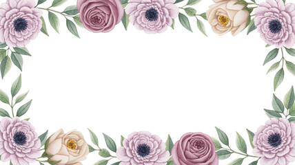 Obraz premium Elegant floral border with soft pink and cream roses and green leaves for invitations and design