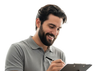 Man with beard writing on clipboard isolated on transparent background