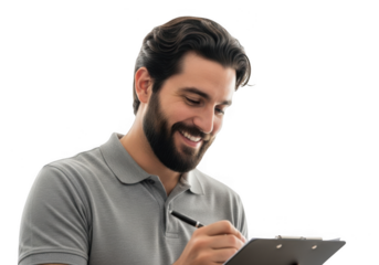 Man with beard writing on clipboard isolated on transparent background