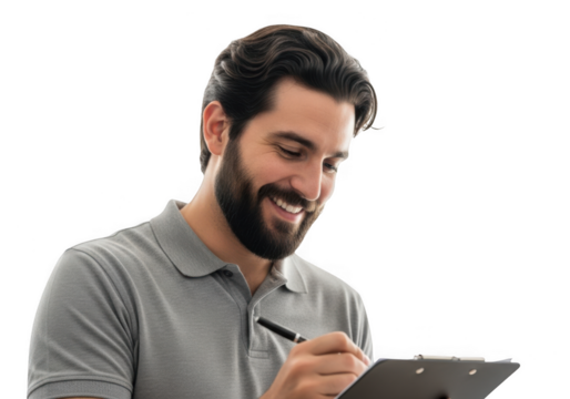 Man with beard writing on clipboard isolated on transparent background - Powered by Adobe