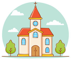 Naklejka premium Whimsical cartoon church illustration with steeple, cross, clock, and lush green trees under a clear sky
