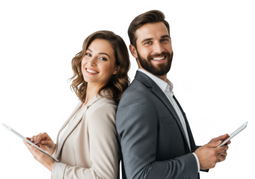 Smiling business couple holding tablets isolated on transparent background