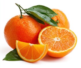 Bright oranges, one sliced in half, another quartered, sit amongst dark green leaves on a white background, casting soft shadows