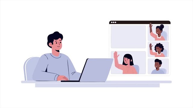 Business online virtual meeting and discussion using laptop illustration vector business animated video