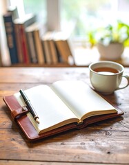 Fototapeta premium Open notebook, teacup, and pen on a wooden table