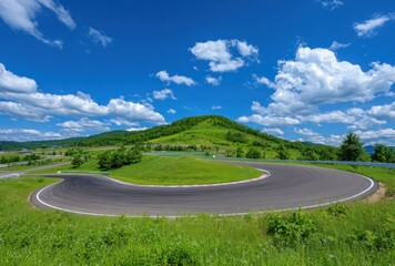 Sharp turn on a racing circuit snaking through lush green hills beneath a vibrant blue sky dotted with fluffy white clouds on a sunny day