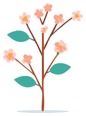 Delicate Cherry Blossom Tree Illustration with Green Leaves, Spring Branch Floral Design