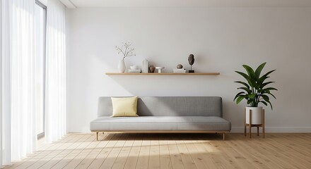 Modern living room with sofa shelf and plant bathed in sunlight