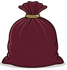 Large burgundy drawstring bag tied with yellow cord simple illustration