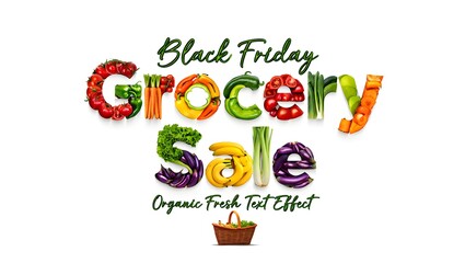 Black friday grocery sale announcement featuring fresh vegetables arranged to spell out words with a small basket below