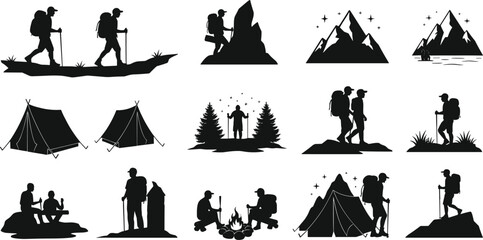 Hiking, camping, trekking, adventure, mountain silhouettes with hikers, tents, campfire, forest, stars, and backpackers, perfect for outdoor travel themes © Akash's World