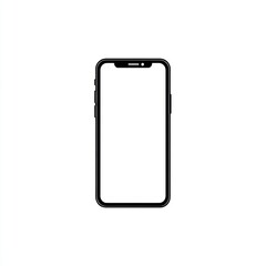 Black smartphone mockup with a blank white screen stands centered against a stark white background, displaying minimalist modern design
