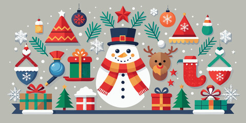 Cute winter holiday Christmas greeting card with a snowman, Santa Claus, and gifts illustrations