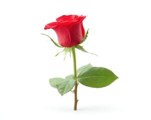 A single, vibrant red rose stands against a pure white backdrop, showing off its velvety petals, delicate stem, and textured green leaves