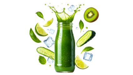 Refreshing green juice splash bottle bursting with kiwi lime and cucumber ingredients isolated on transparent background