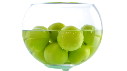 Fresh green grapes floating in clear liquid inside a round glass container isolated on transparent background