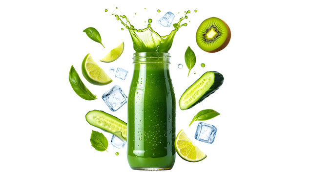 Refreshing green juice splash bottle bursting with kiwi lime and cucumber ingredients isolated on transparent background - Powered by Adobe