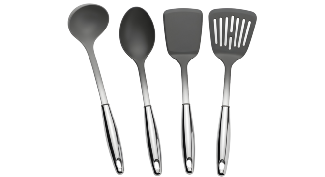 Kitchen utensils set featuring a ladle spoon spatula and slotted turner against a stark black backdrop for culinary and cooking themes on transparent background