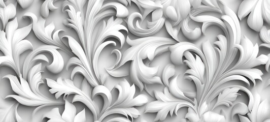 Intricate white floral relief. Volumetric leaves unfurl amidst swirling patterns, embodying elegance and depth in a monochrome palette