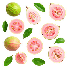 Pink guava fruit and leaves, top view.  A pattern of whole and sliced guavas, with bright green leaves scattered around, arranged in a grid pattern on a black background. 