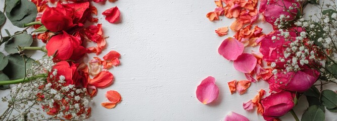 A flat lay of red & pink roses, baby's breath, and eucalyptus leaves on a white surface, with petal scatter providing a frame