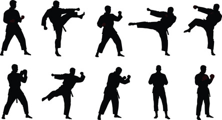 Martial arts silhouettes, karate poses, taekwondo kicks, red gloves, fighting stances, training moves, black icons, combat techniques, defense, action © Akash's World