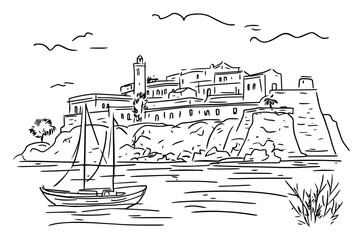 Ancient coastal fortress on rocky cliff with sailboat gliding in calm bay – historic seaside vector illustration