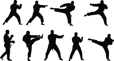 Martial arts silhouettes, fighting poses, karate kicks, defensive stances, training moves, black icons, discipline, combat action, technique, motion © Akash's World