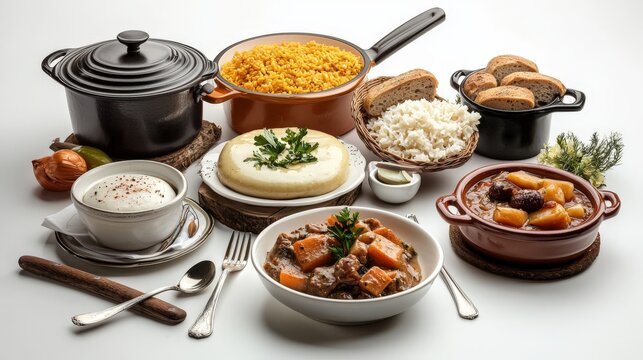 Assorted traditional European home-cooked dishes including stew rice salad bread and spices arranged on a white table with cutlery and fresh herbs