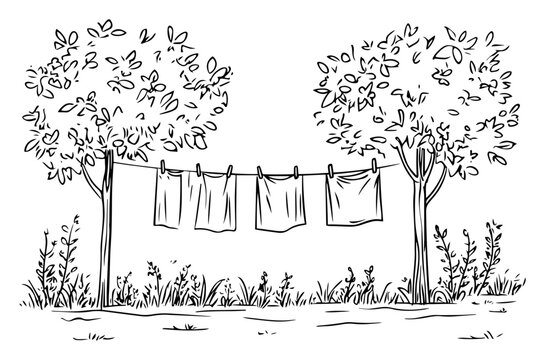 Clothes drying on line strung between two leafy garden trees, sunny countryside laundry scene – hand drawn vector illustration