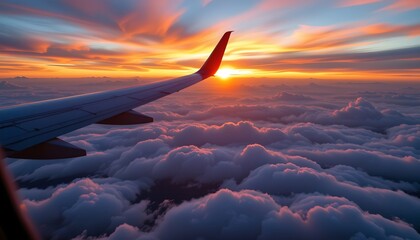 an airplane flying high above a cloudy sky at sunset, with the sun's warm glow casting long shadows and painting the clouds in hues of orange and purple.