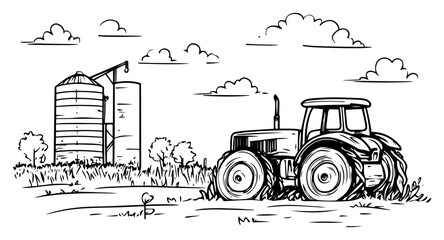 Farm tractor near grain silo on sunny field, modern agriculture machinery rural scene – vector illustration © Luka