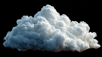Voluminous cumulus cloud, illuminated by sun, on a black background. Its soft texture, airy form, and glowing edges create a dreamy effect