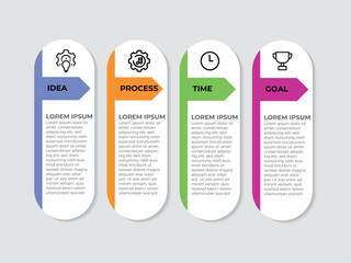 Concept of arrow business model with 4 successive steps. Six colorful graphic elements. Timeline design for brochure, presentation. Infographic design layout