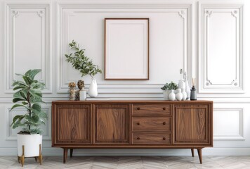 Elegant interior showcases a wooden cabinet against a white paneled wall, accentuated by foliage and a blank picture frame