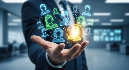 Businessman presenting a network of diverse digital profiles, highlighting connection and teamwork.