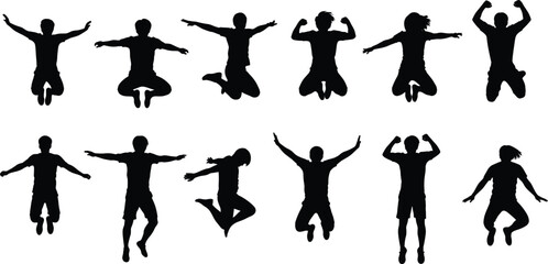 Jumping silhouette set, black-and-white illustrations of dynamic human motion for animation, joy, athleticism, lifestyle, and expressive movement themes