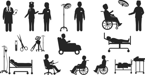 Medical silhouettes, doctors, nurses, patients, hospital scenes, surgery, treatment, healthcare teamwork, clinical equipment, wheelchair, IV stand, syringe, hospital bed
