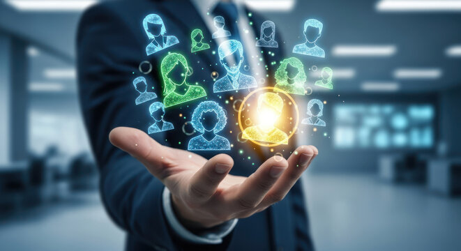 Businessman presenting a network of diverse digital profiles, highlighting connection and teamwork. - Powered by Adobe