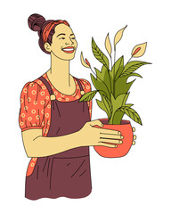 Happy young woman holding a pot with houseplant in her hands. Smiling girl in apron taking care of spathiphyllum flower. Vector illustration in flat style isolated on white background.