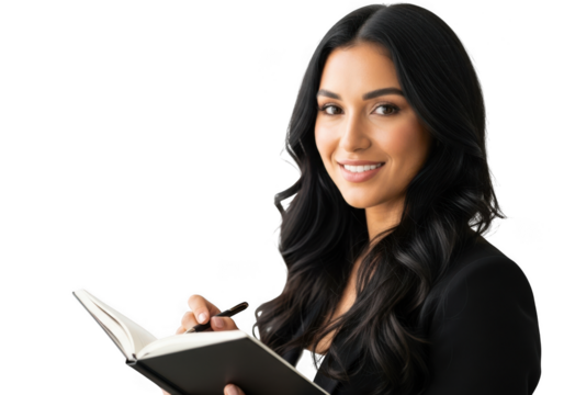 Smiling woman holding an open book isolated on transparent background