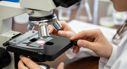 Close-up of a microscope with hand adjusting focus on biology slides. Symbol of science, discovery, and education in a modern learning environment
