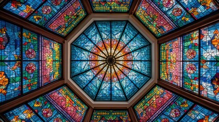 Looking up at a vibrant octagonal stained glass ceiling with geometric patterns and floral motifs in rich blues, reds, oranges, and greens, surrounded by a wooden frame