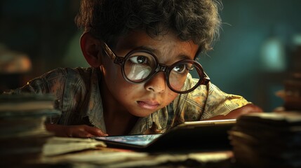 Photorealistic image of a child with eyeglasses studying at desk with books and tablet, learning with focus, generative ai illustration.