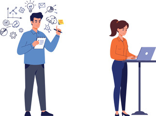 Business illustration of professionals engaged in planning and laptop work, symbolizing productivity, teamwork, strategy, and modern office workflow.