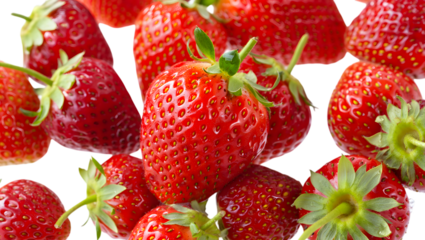 Fresh ripe strawberries close up macro vibrant red fruit healthy food photography delicious summer berry isolated on transparent background
