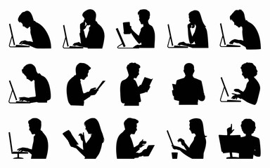 Vector art of silhouettes of people working with laptops and tablets